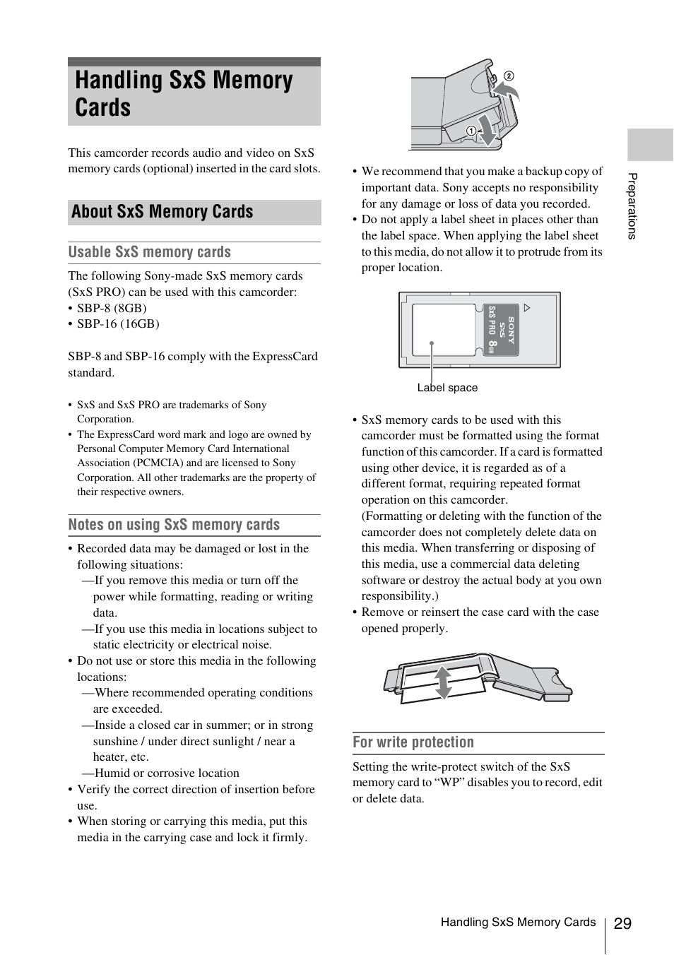 Handling sxs memory cards, About sxs memory cards, For write protection | Sony XDCAM EX PMW-EX1 User Manual | Page 29 / 132
