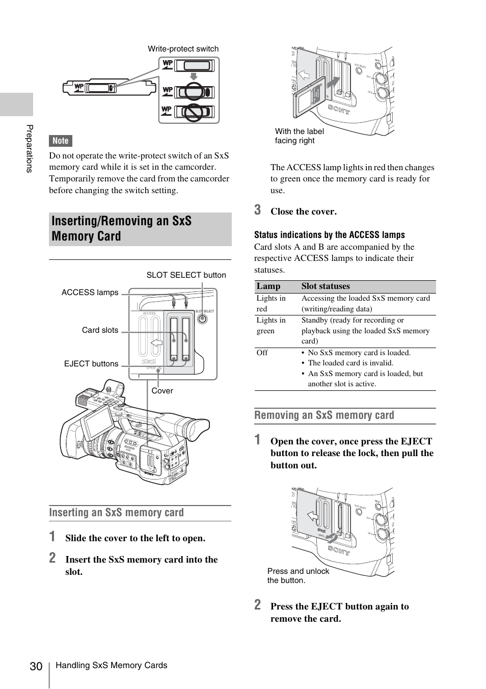 Inserting/removing an sxs memory card, Slide the cover to the left to open, Close the cover | Press the eject button again to remove the card, Lamp slot statuses, Write-protect switch, With the label facing right, Press and unlock the button, Nd filter, Ba prst l m h | Sony XDCAM EX PMW-EX1 User Manual | Page 30 / 132