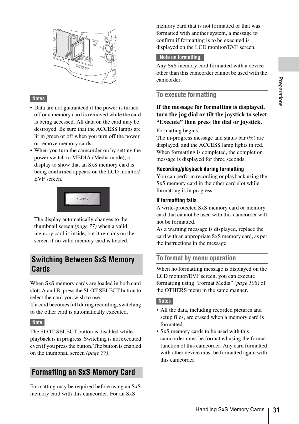 Switching between sxs memory cards, Formatting an sxs memory card | Sony XDCAM EX PMW-EX1 User Manual | Page 31 / 132