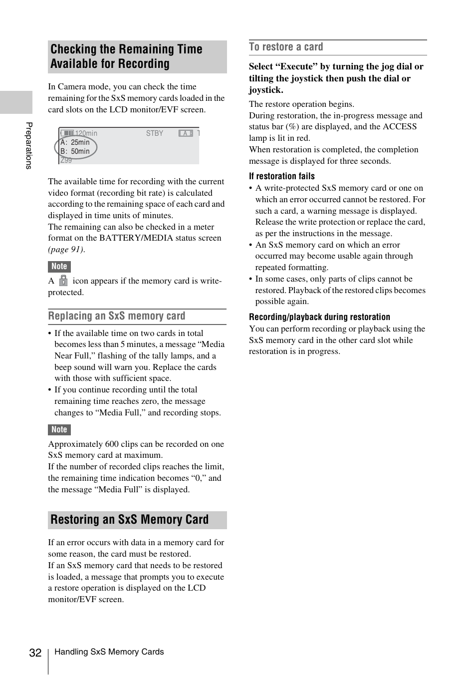 Restoring an sxs memory card, Checking the remaining time available for, Recording | Sony XDCAM EX PMW-EX1 User Manual | Page 32 / 132