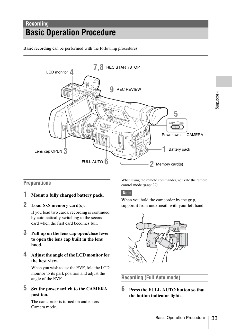 Recording, Basic operation procedure, Preparations | Recording (full auto mode), Mount a fully charged battery pack, Set the power switch to the camera position, The camcorder is turned on and enters camera mode, Record ing | Sony XDCAM EX PMW-EX1 User Manual | Page 33 / 132