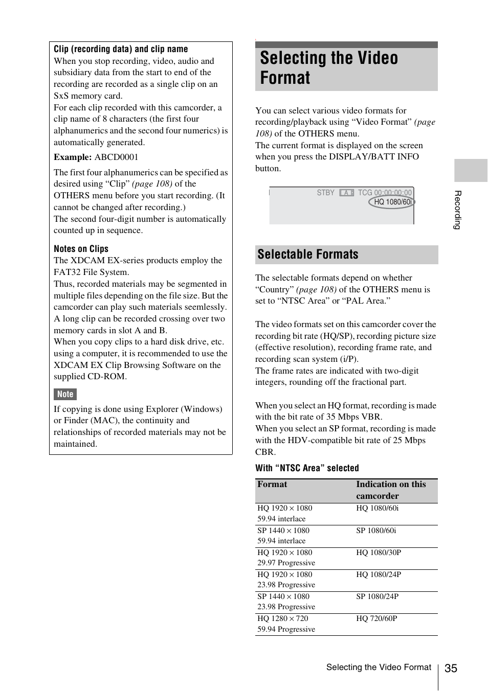 Selecting the video format, Selectable formats | Sony XDCAM EX PMW-EX1 User Manual | Page 35 / 132
