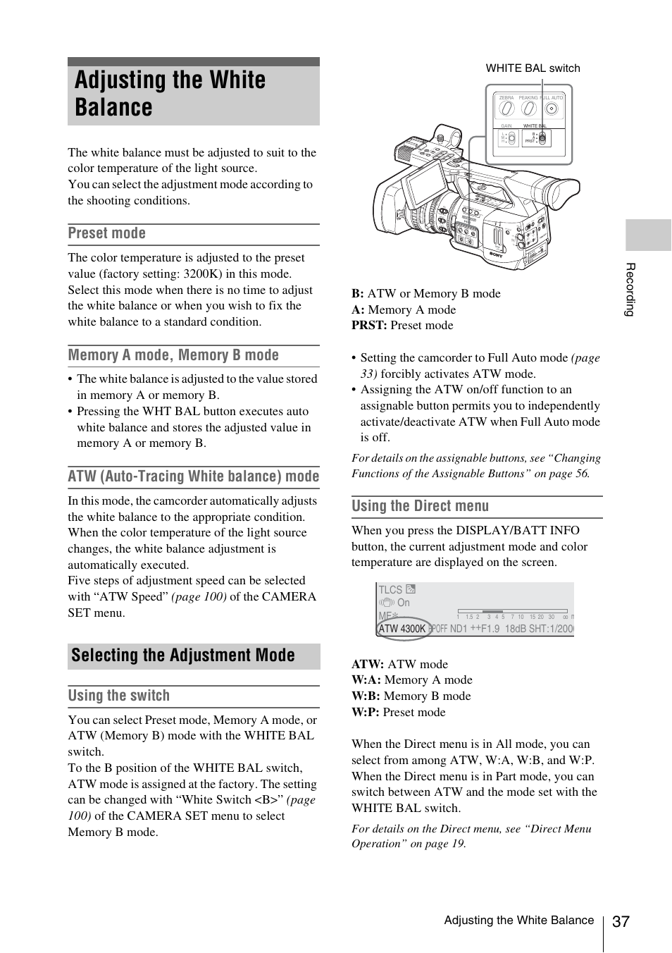 Adjusting the white balance, Selecting the adjustment mode, Preset mode | Atw (auto-tracing white balance) mode, Using the switch, Using the direct menu, Record ing, White bal switch tlcs, 7 on mf | Sony XDCAM EX PMW-EX1 User Manual | Page 37 / 132