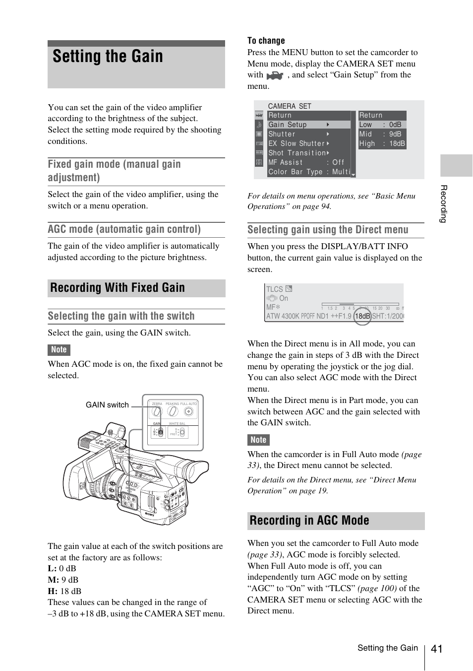 Setting the gain, Recording with fixed gain, Recording in agc mode | Recording with fixed gain recording in agc mode, Fixed gain mode (manual gain adjustment), Agc mode (automatic gain control), Selecting the gain with the switch, Selecting gain using the direct menu, Select the gain, using the gain switch, Record ing | Sony XDCAM EX PMW-EX1 User Manual | Page 41 / 132