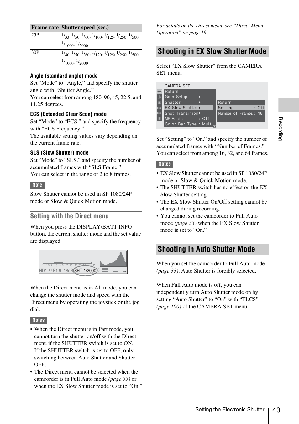 Shooting in ex slow shutter mode, Shooting in auto shutter mode, Setting with the direct menu | Sony XDCAM EX PMW-EX1 User Manual | Page 43 / 132