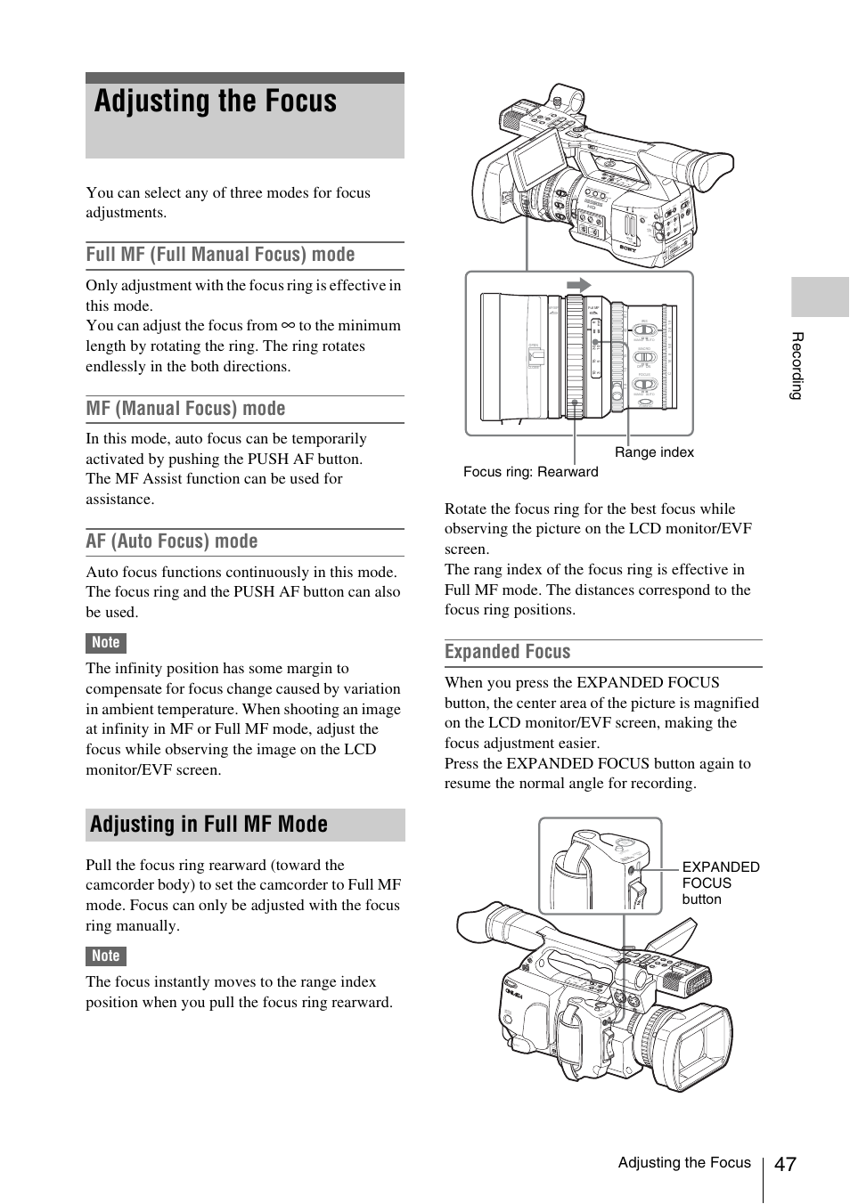 Adjusting the focus, Adjusting in full mf mode, Full mf (full manual focus) mode | Mf (manual focus) mode, Af (auto focus) mode, Expanded focus, Record ing, Focus ring: rearward range index, Expanded focus button, Nd filter | Sony XDCAM EX PMW-EX1 User Manual | Page 47 / 132