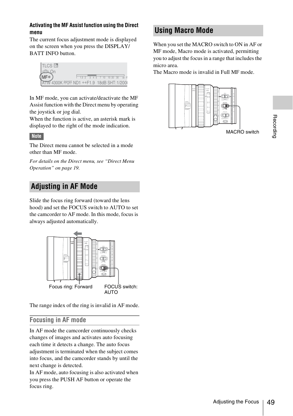 Adjusting in af mode, Using macro mode, Adjusting in af mode using macro mode | Focusing in af mode, Adjusting the focus, Record ing, Tlcs, 7 on mf, Focus ring: forward focus switch: auto, Macro switch | Sony XDCAM EX PMW-EX1 User Manual | Page 49 / 132