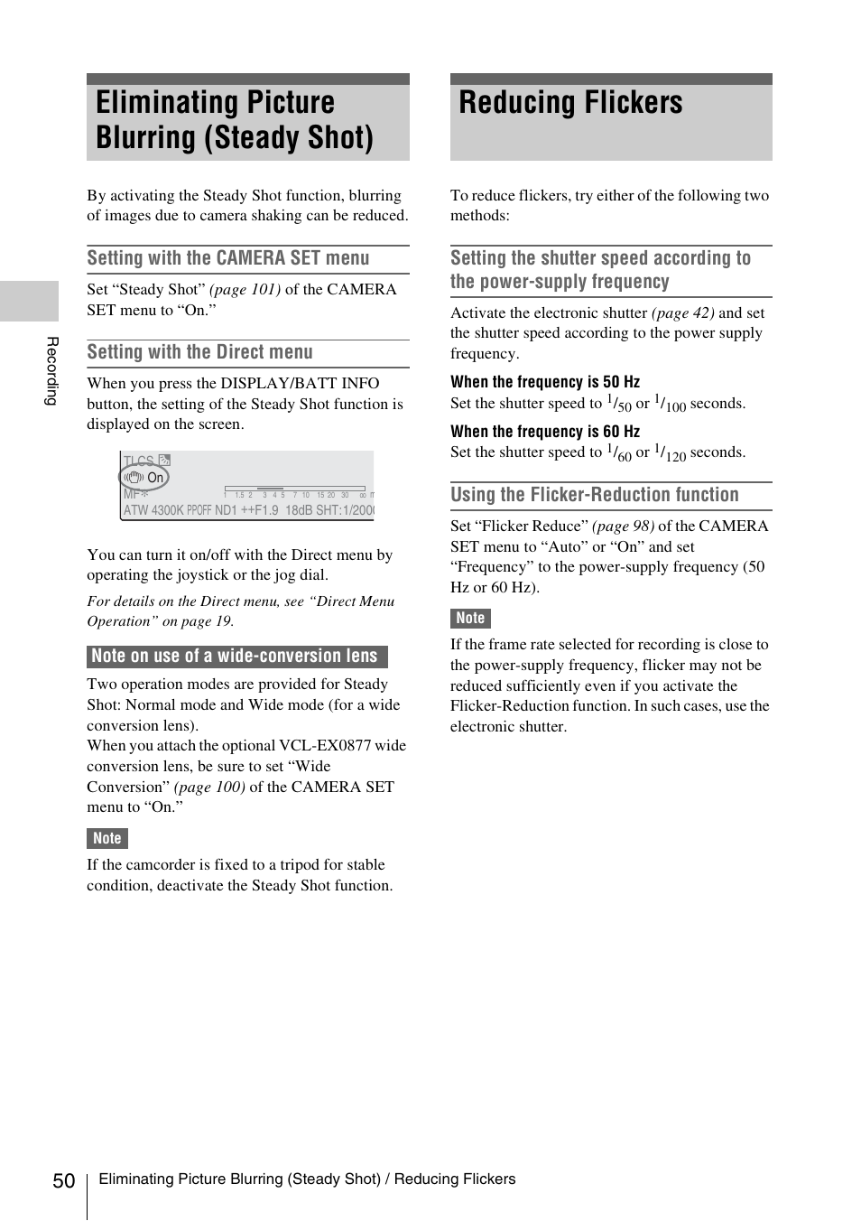 Eliminating picture blurring (steady shot), Reducing flickers, Setting with the camera set menu | Setting with the direct menu, Using the flicker-reduction function | Sony XDCAM EX PMW-EX1 User Manual | Page 50 / 132