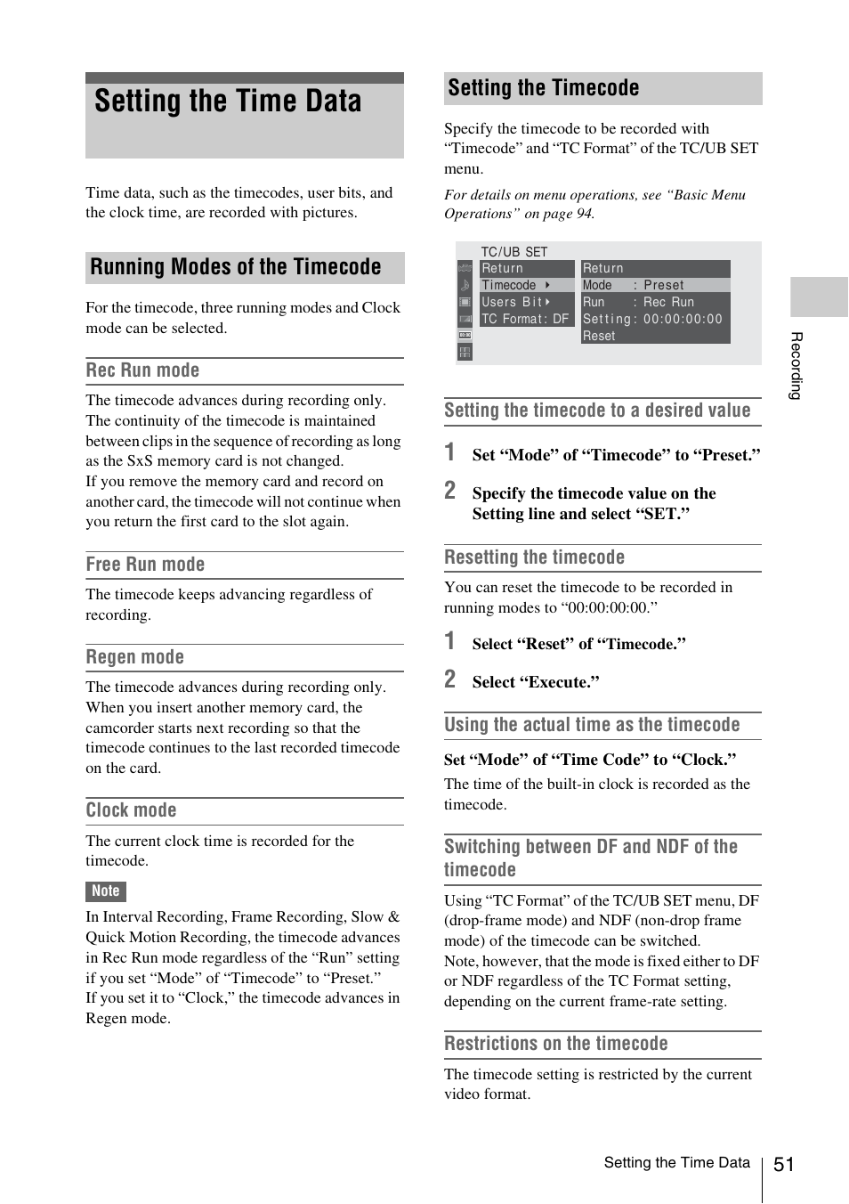 Setting the time data, Running modes of the timecode, Setting the timecode | Running modes of the timecode setting the timecode | Sony XDCAM EX PMW-EX1 User Manual | Page 51 / 132