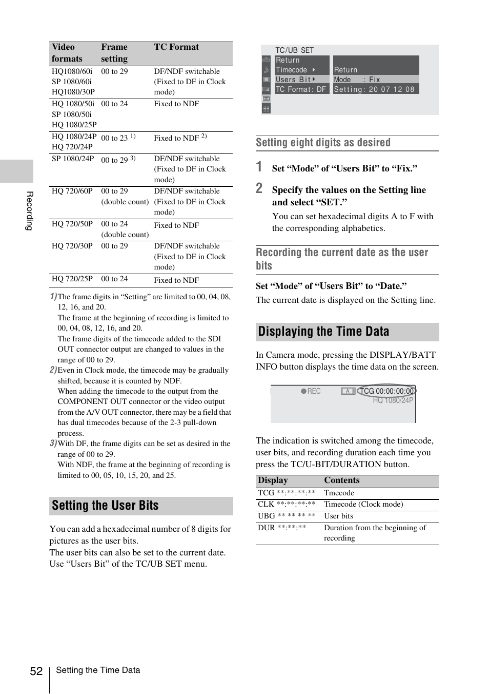Setting the user bits, Displaying the time data, Setting the user bits displaying the time data | Setting eight digits as desired, Recording the current date as the user bits | Sony XDCAM EX PMW-EX1 User Manual | Page 52 / 132