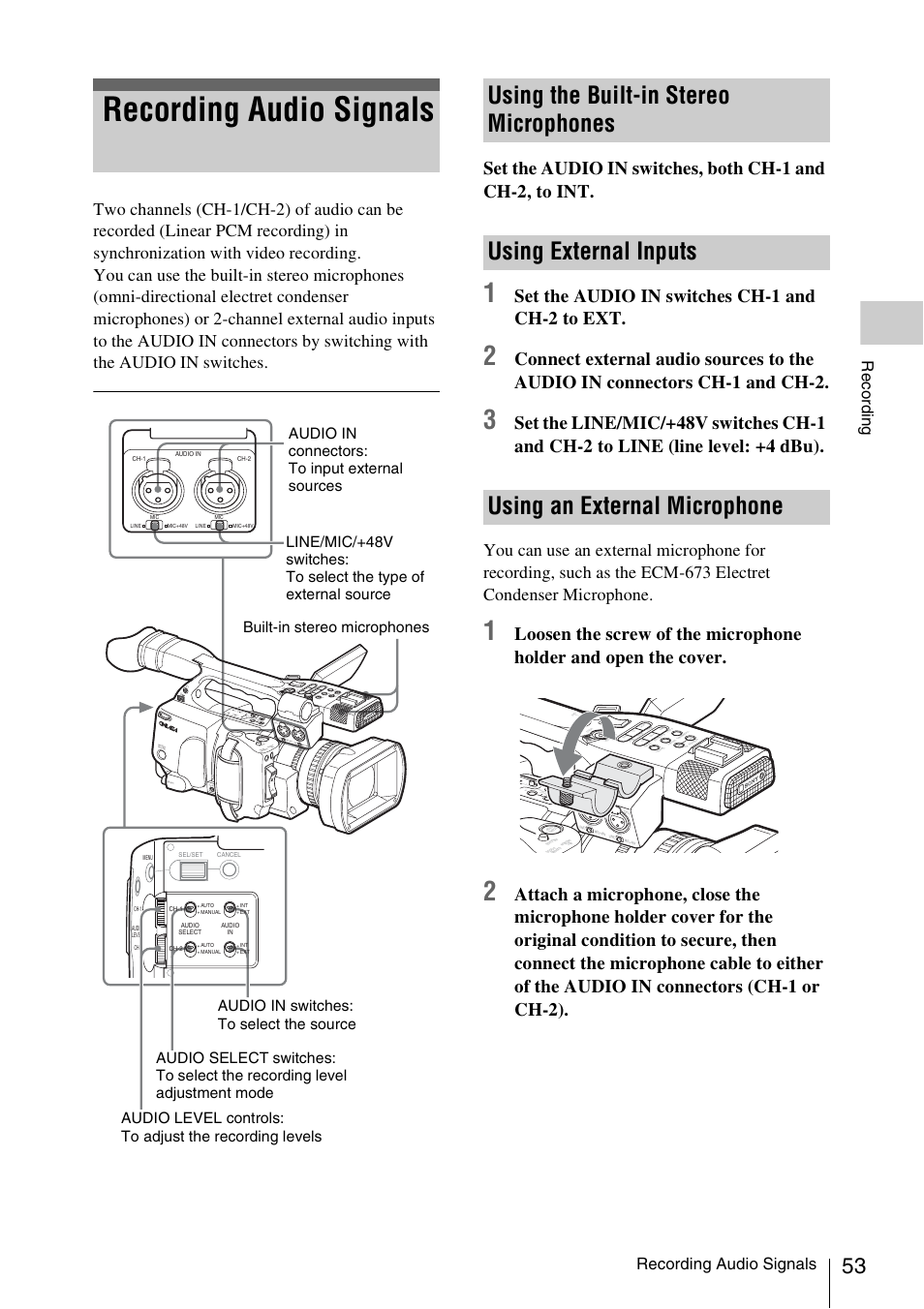Recording audio signals, Using the built-in stereo microphones, Using external inputs | Using an external microphone, Using external inputs using an external microphone, Set the audio in switches ch-1 and ch-2 to ext, Record ing, A/v ou t | Sony XDCAM EX PMW-EX1 User Manual | Page 53 / 132