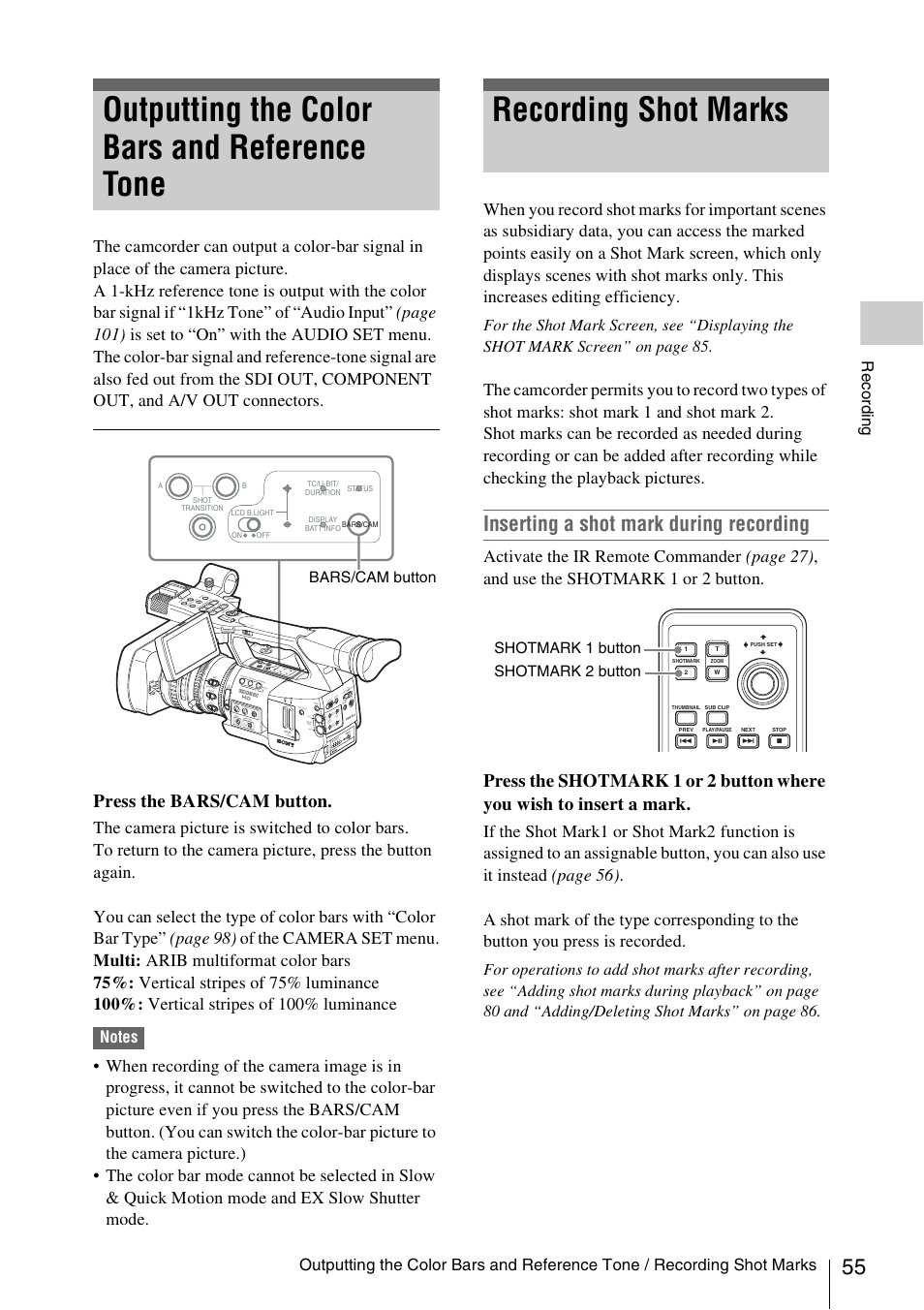 Outputting the color bars and reference tone, Recording shot marks, Inserting a shot mark during recording | Press the bars/cam button, Record ing, Bars/cam button, Shotmark 1 button shotmark 2 button, Nd filter, Ba prst l m h, Manu auto manu auto focus | Sony XDCAM EX PMW-EX1 User Manual | Page 55 / 132