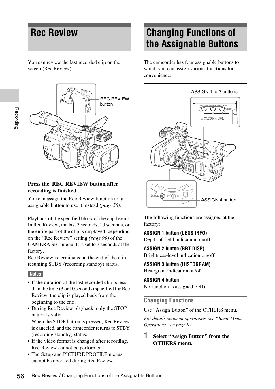 Rec review, Changing functions of the assignable buttons, Changing functions | Select “assign button” from the others menu, Use “assign button” of the others menu, Record ing, Rec review button, Assign 1 to 3 buttons assign 4 button | Sony XDCAM EX PMW-EX1 User Manual | Page 56 / 132