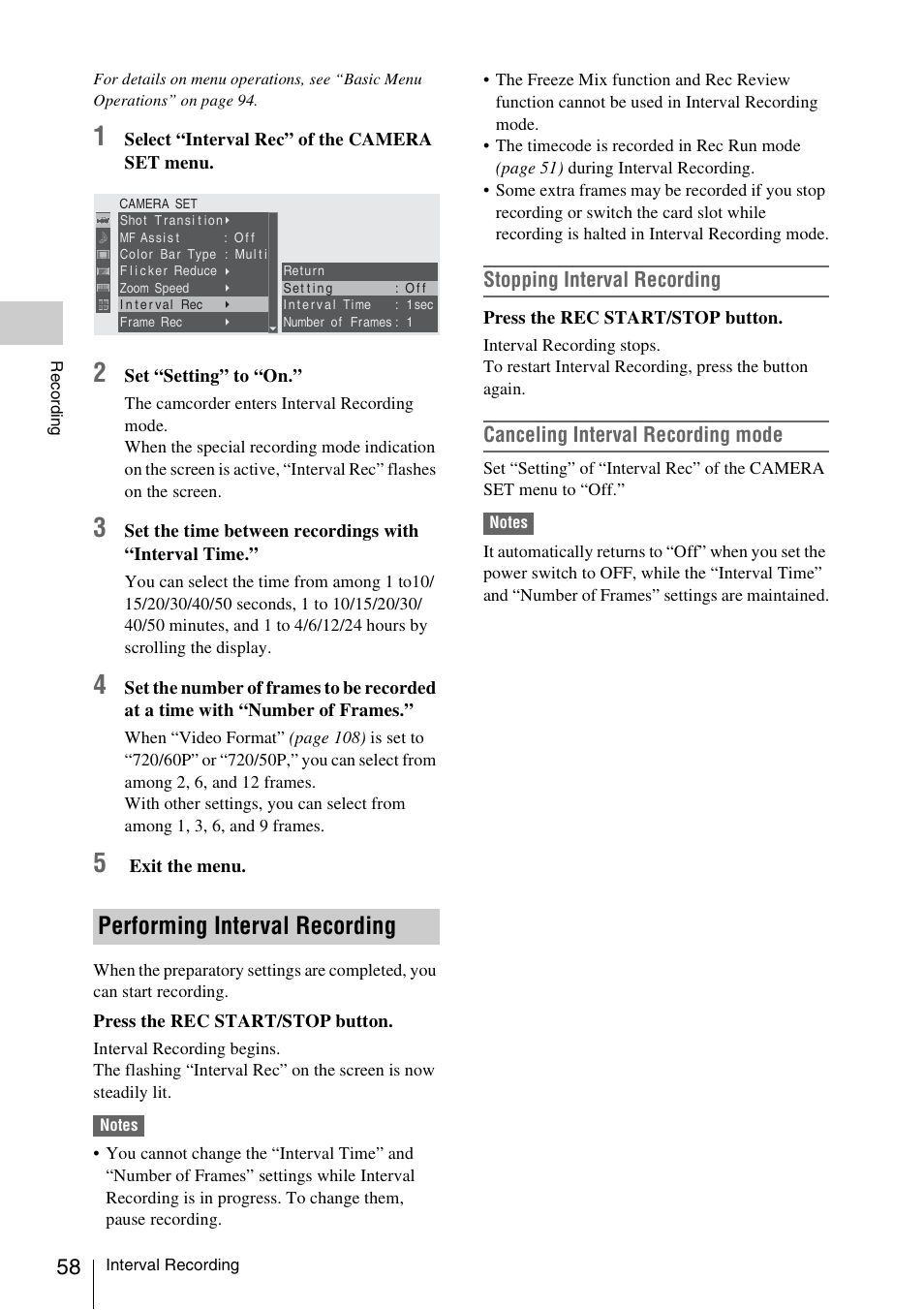 Performing interval recording, Stopping interval recording, Canceling interval recording mode | Sony XDCAM EX PMW-EX1 User Manual | Page 58 / 132