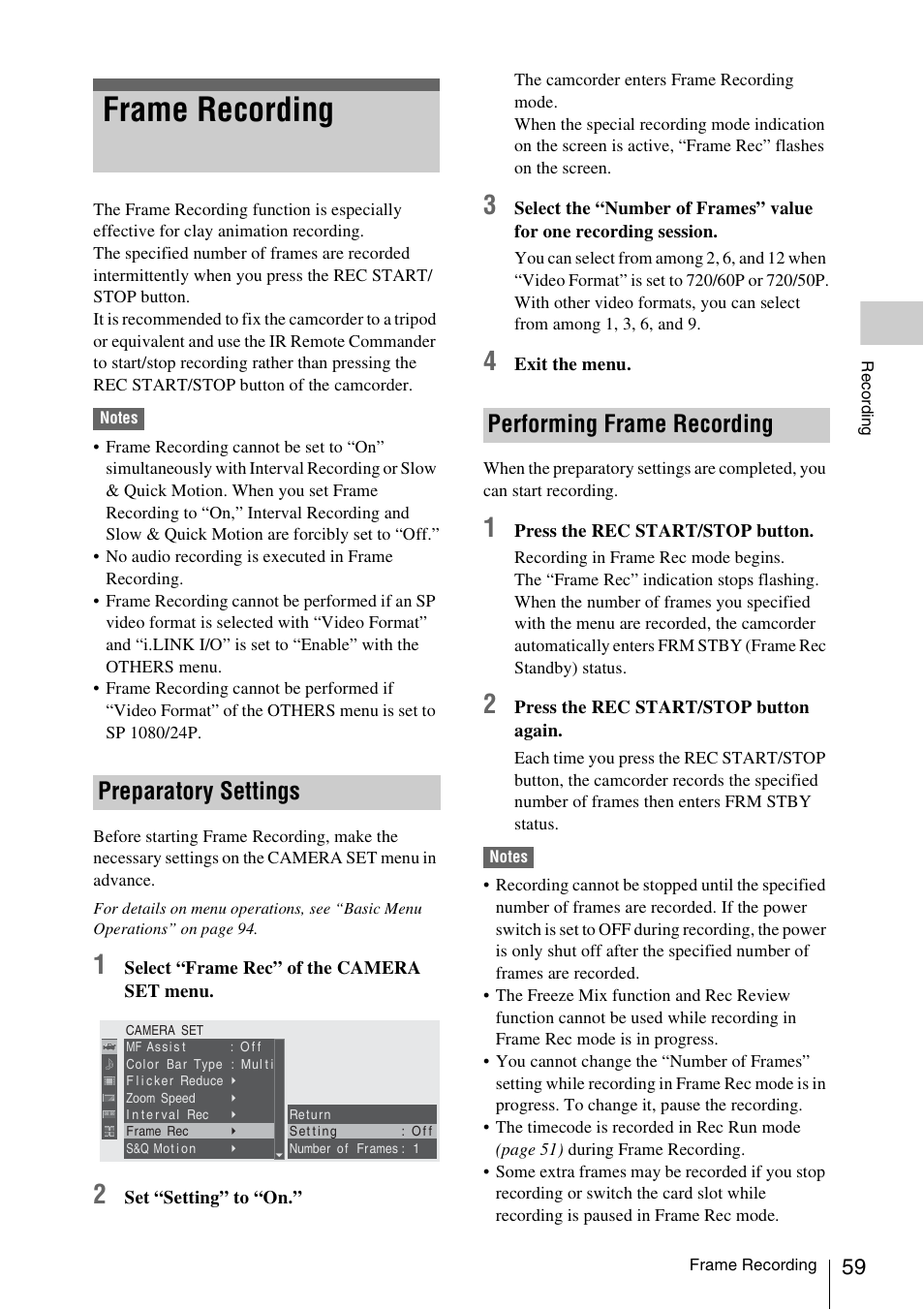 Frame recording, Preparatory settings, Performing frame recording | Preparatory settings performing frame recording | Sony XDCAM EX PMW-EX1 User Manual | Page 59 / 132