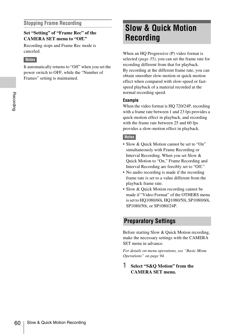 Slow & quick motion recording, Preparatory settings | Sony XDCAM EX PMW-EX1 User Manual | Page 60 / 132