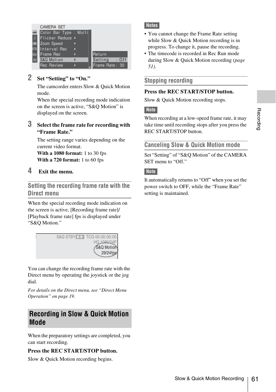 Recording in slow & quick motion mode, Stopping recording, Canceling slow & quick motion mode | Sony XDCAM EX PMW-EX1 User Manual | Page 61 / 132