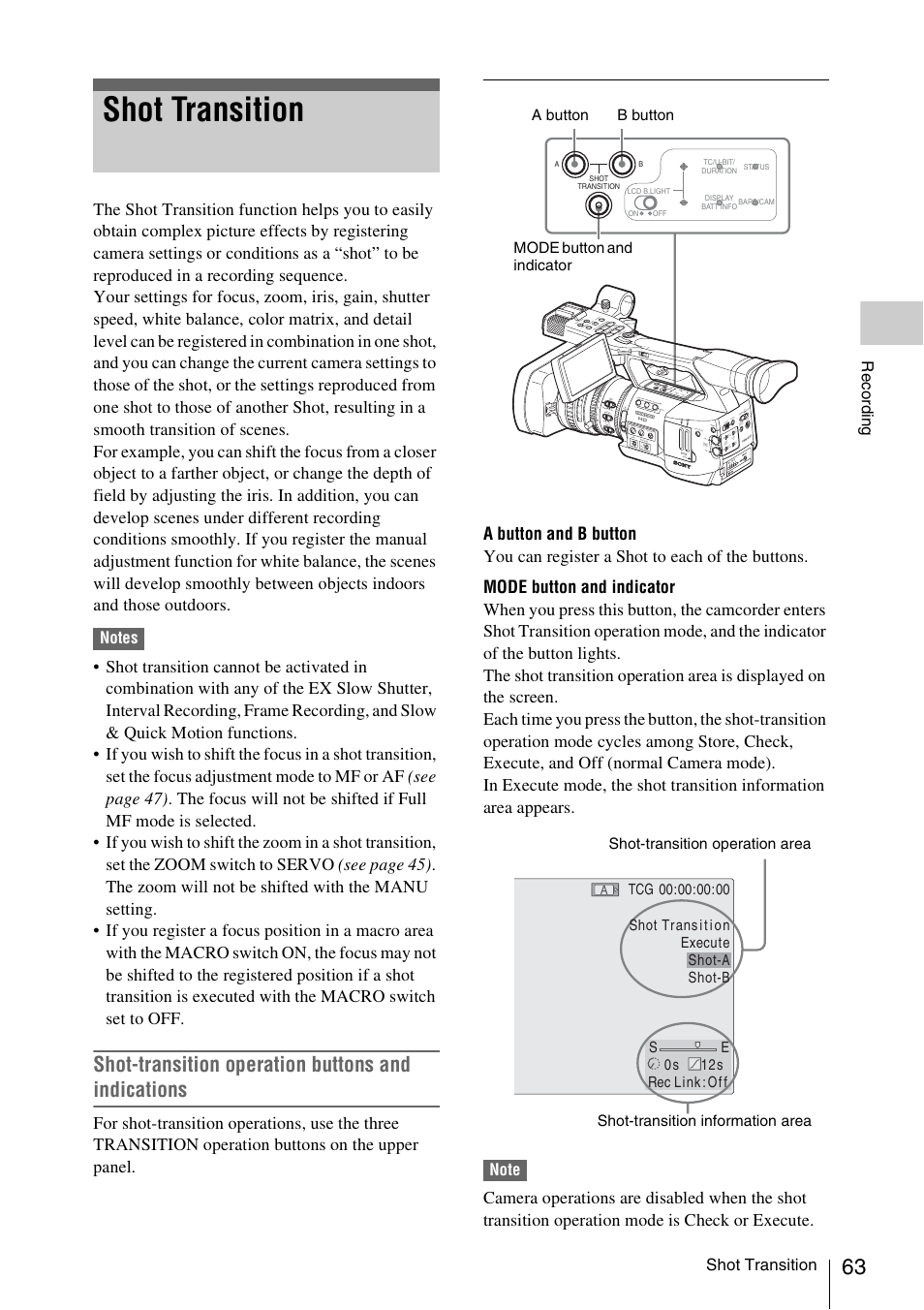 Shot transition, Shot-transition operation buttons and indications, Record ing | Nd filter, Ba prst l m h, Manu auto manu auto focus, Off on, Mo nit or vo l | Sony XDCAM EX PMW-EX1 User Manual | Page 63 / 132