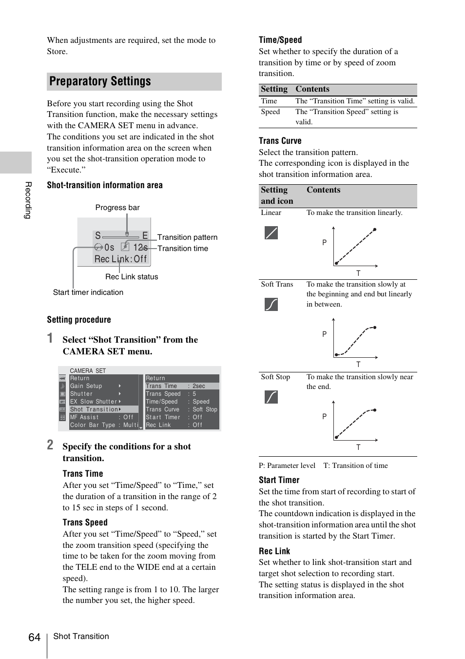 Preparatory settings, S e 0s 12s rec link : of f, Select “shot transition” from the camera set menu | Specify the conditions for a shot transition | Sony XDCAM EX PMW-EX1 User Manual | Page 64 / 132