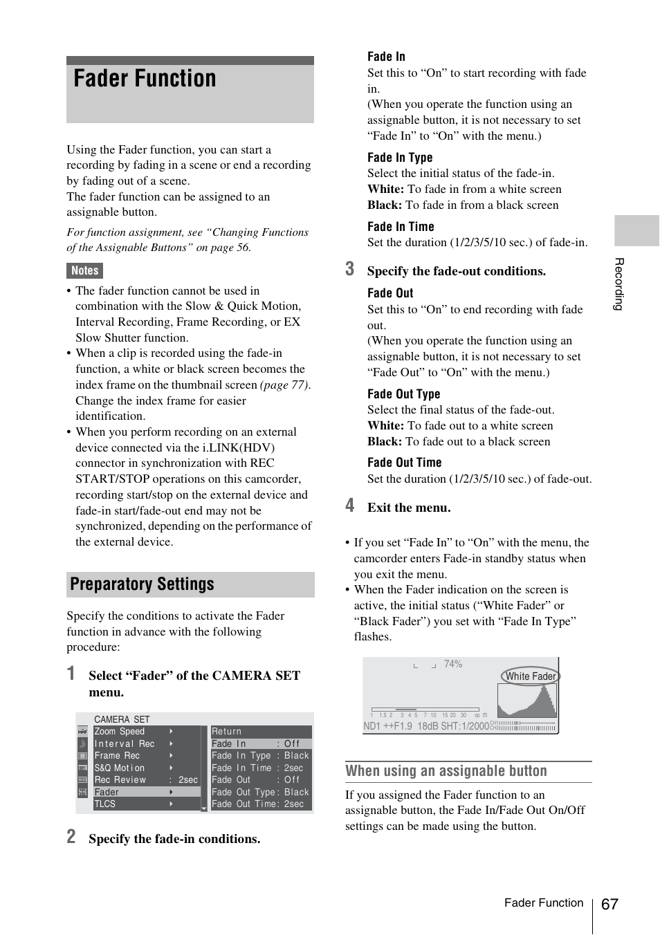 Fader function, Preparatory settings, When using an assignable button | Select “fader” of the camera set menu, Specify the fade-in conditions, Specify the fade-out conditions, Exit the menu | Sony XDCAM EX PMW-EX1 User Manual | Page 67 / 132