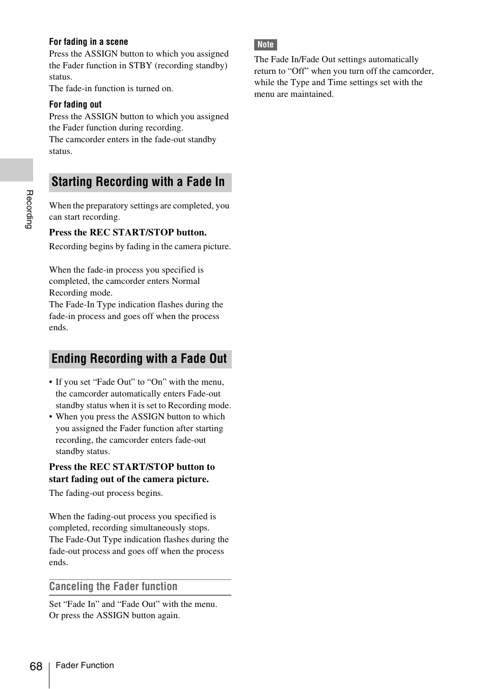 Starting recording with a fade in, Ending recording with a fade out | Sony XDCAM EX PMW-EX1 User Manual | Page 68 / 132