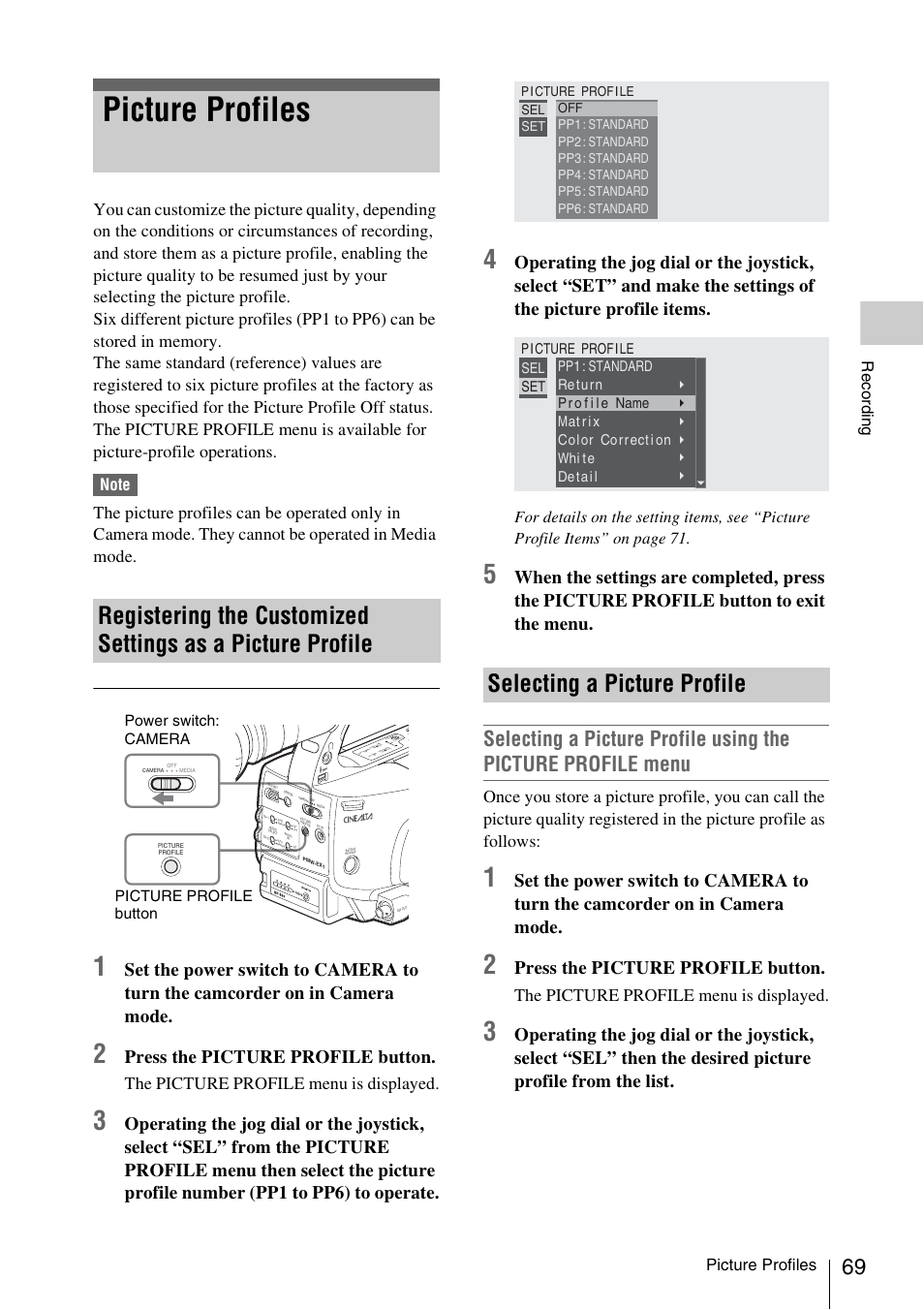 Picture profiles, Selecting a picture profile, Registering the customized settings as a picture | Profile, Press the picture profile button, The picture profile menu is displayed, Record ing, Power switch: camera picture profile button | Sony XDCAM EX PMW-EX1 User Manual | Page 69 / 132