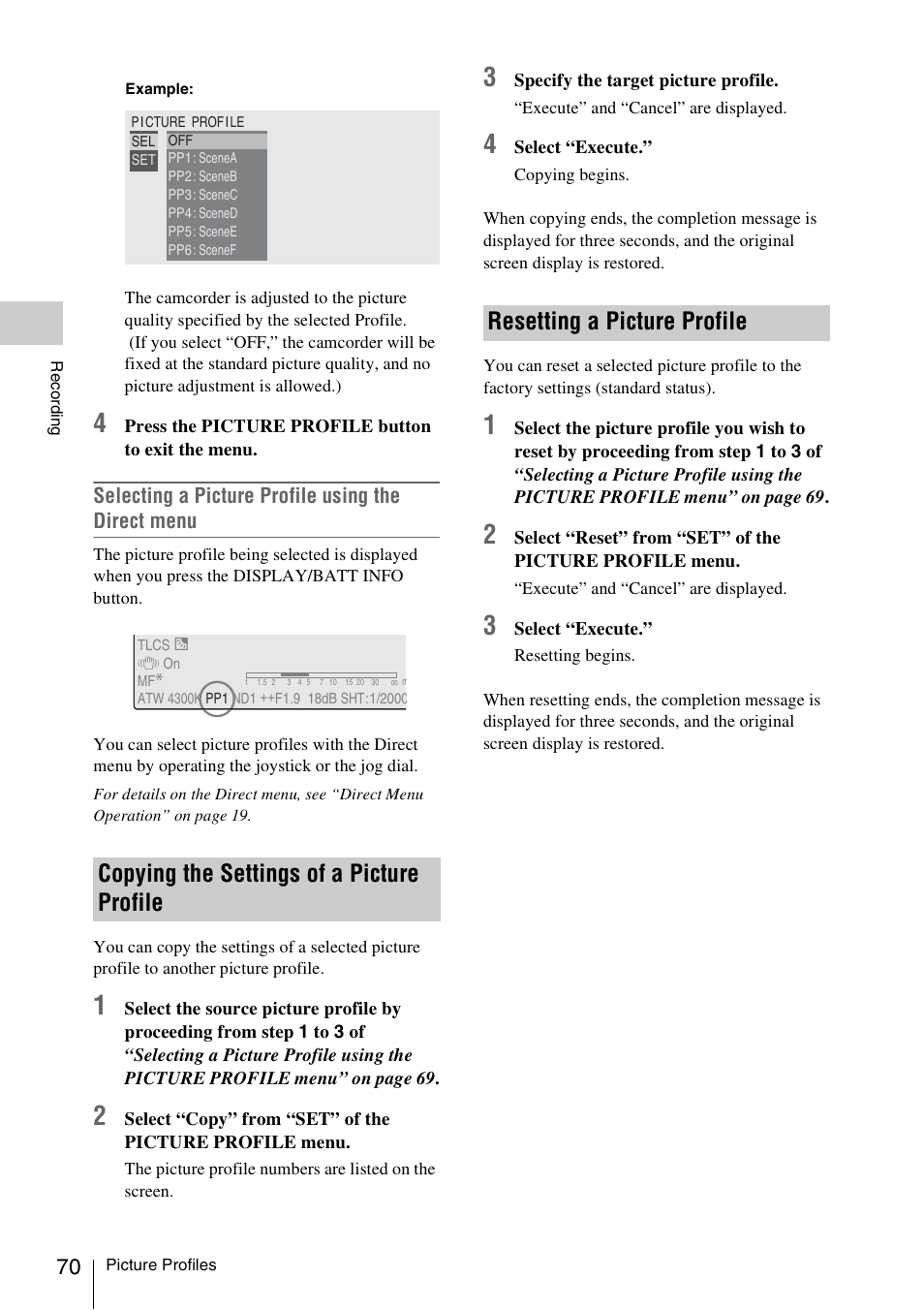 Copying the settings of a picture profile, Resetting a picture profile | Sony XDCAM EX PMW-EX1 User Manual | Page 70 / 132