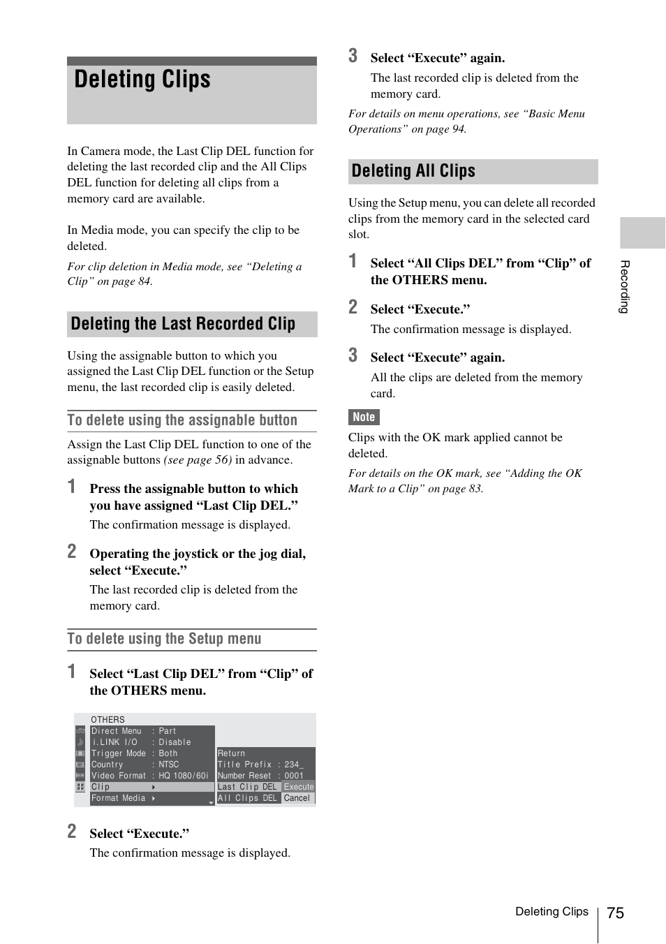 Deleting clips, Deleting the last recorded clip, Deleting all clips | Deleting the last recorded clip deleting all clips | Sony XDCAM EX PMW-EX1 User Manual | Page 75 / 132