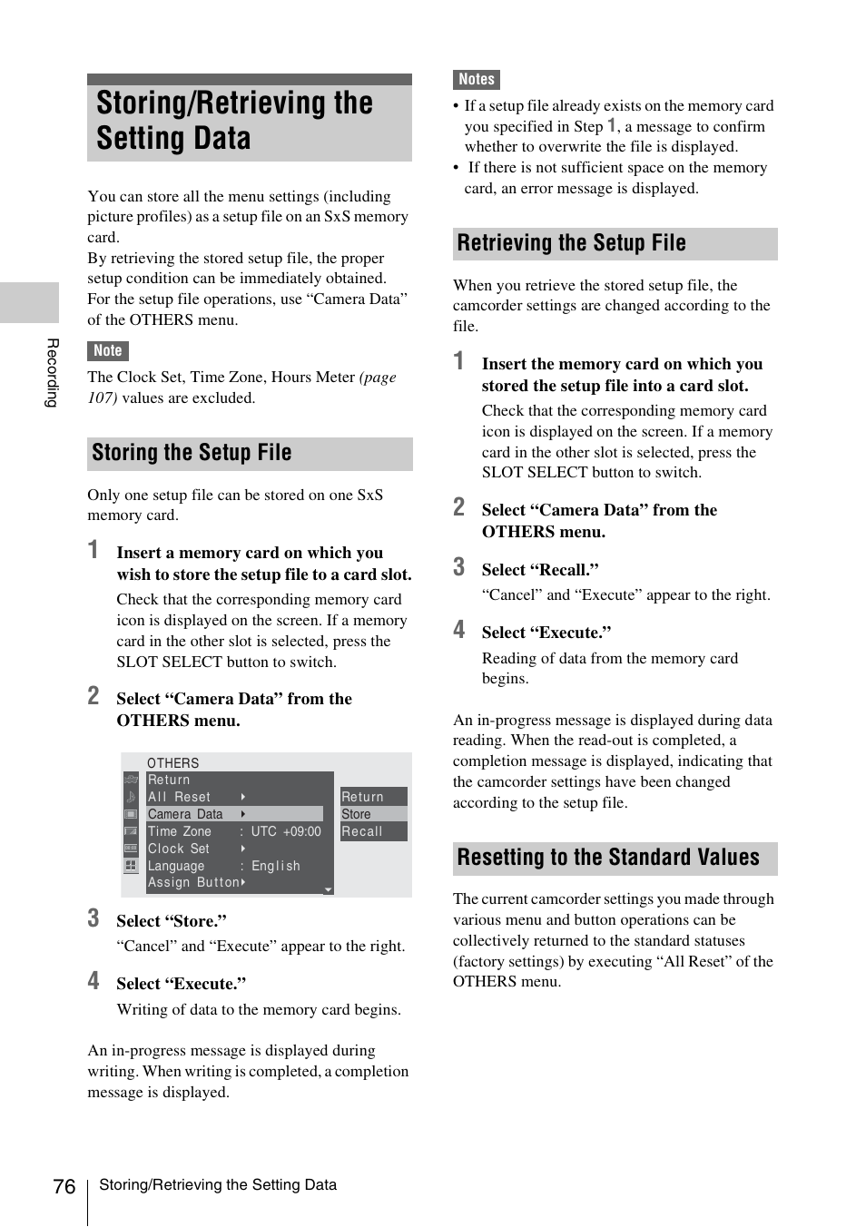 Storing/retrieving the setting data, Storing the setup file, Retrieving the setup file | Resetting to the standard values | Sony XDCAM EX PMW-EX1 User Manual | Page 76 / 132