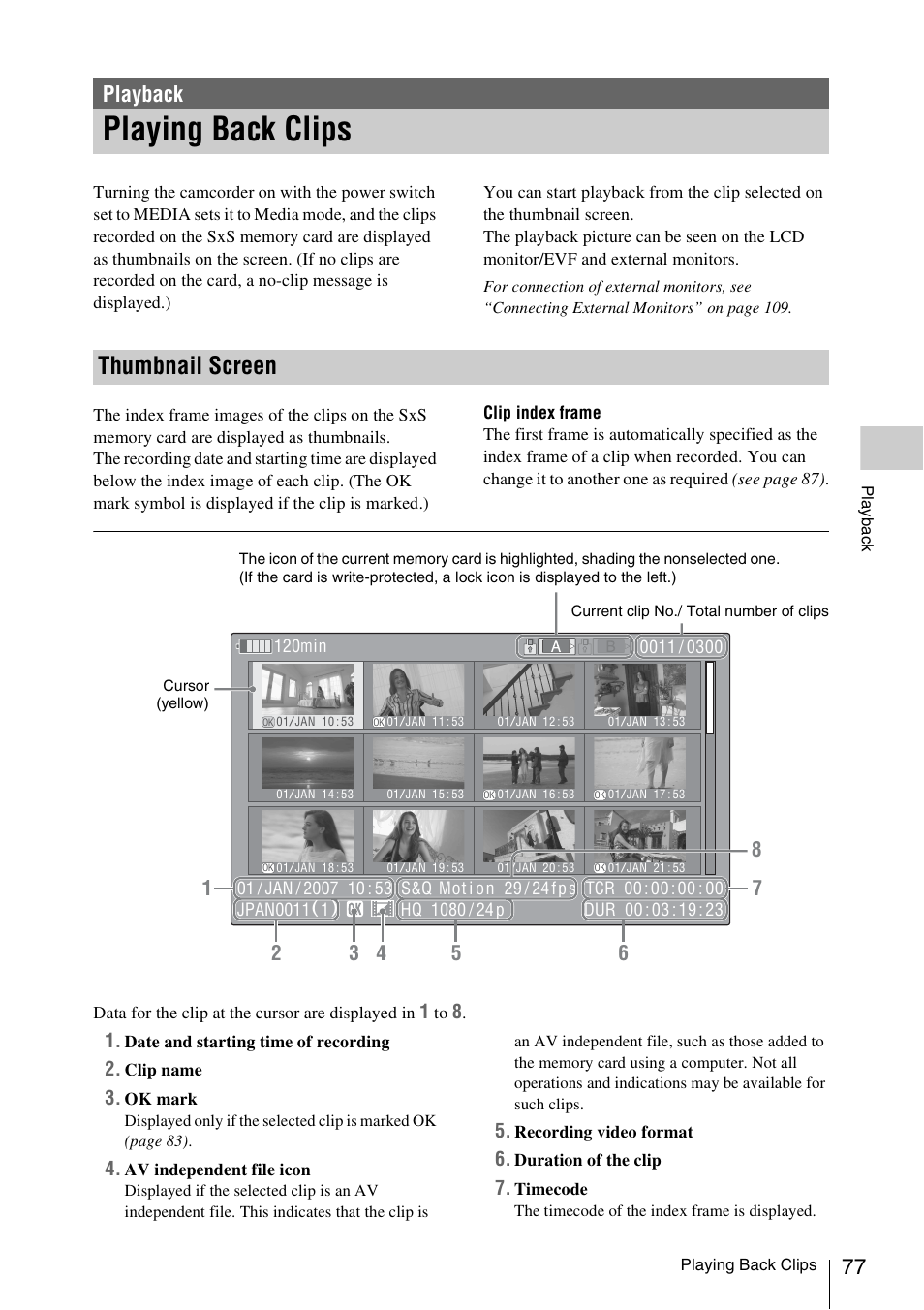 Playback, Playing back clips, Thumbnail screen | Sony XDCAM EX PMW-EX1 User Manual | Page 77 / 132