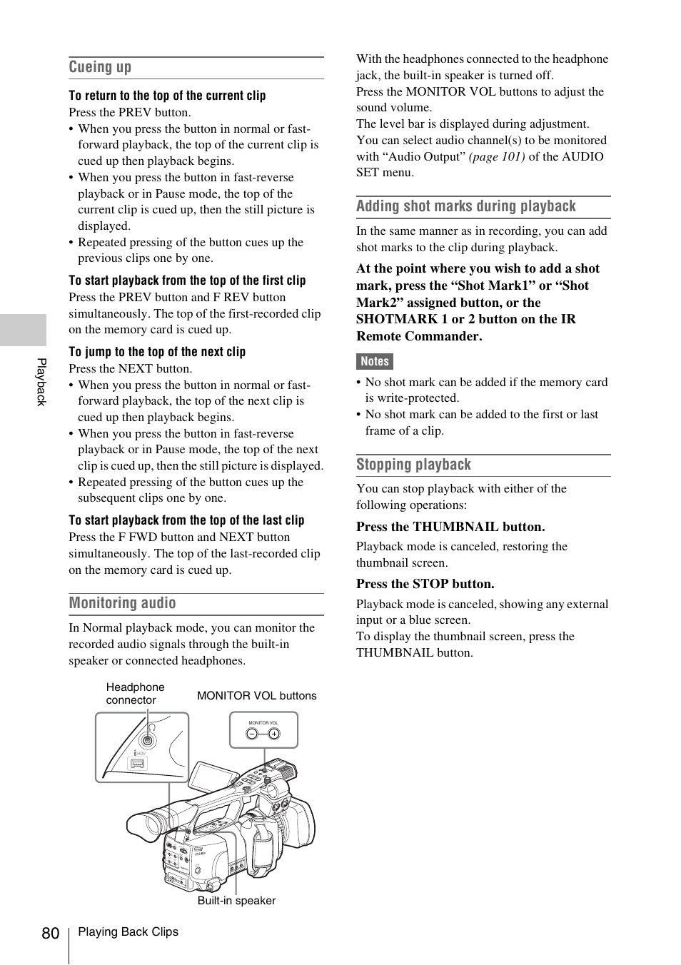 Cueing up, Monitoring audio, Adding shot marks during playback | Stopping playback, Press the thumbnail button, Press the stop button | Sony XDCAM EX PMW-EX1 User Manual | Page 80 / 132