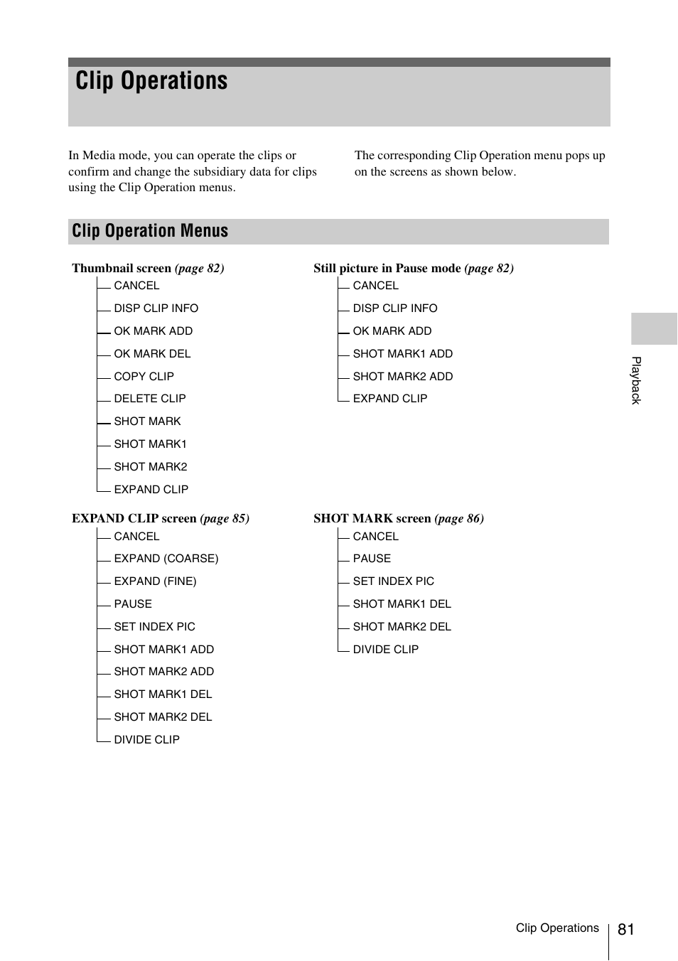 Clip operations, Clip operation menus | Sony XDCAM EX PMW-EX1 User Manual | Page 81 / 132