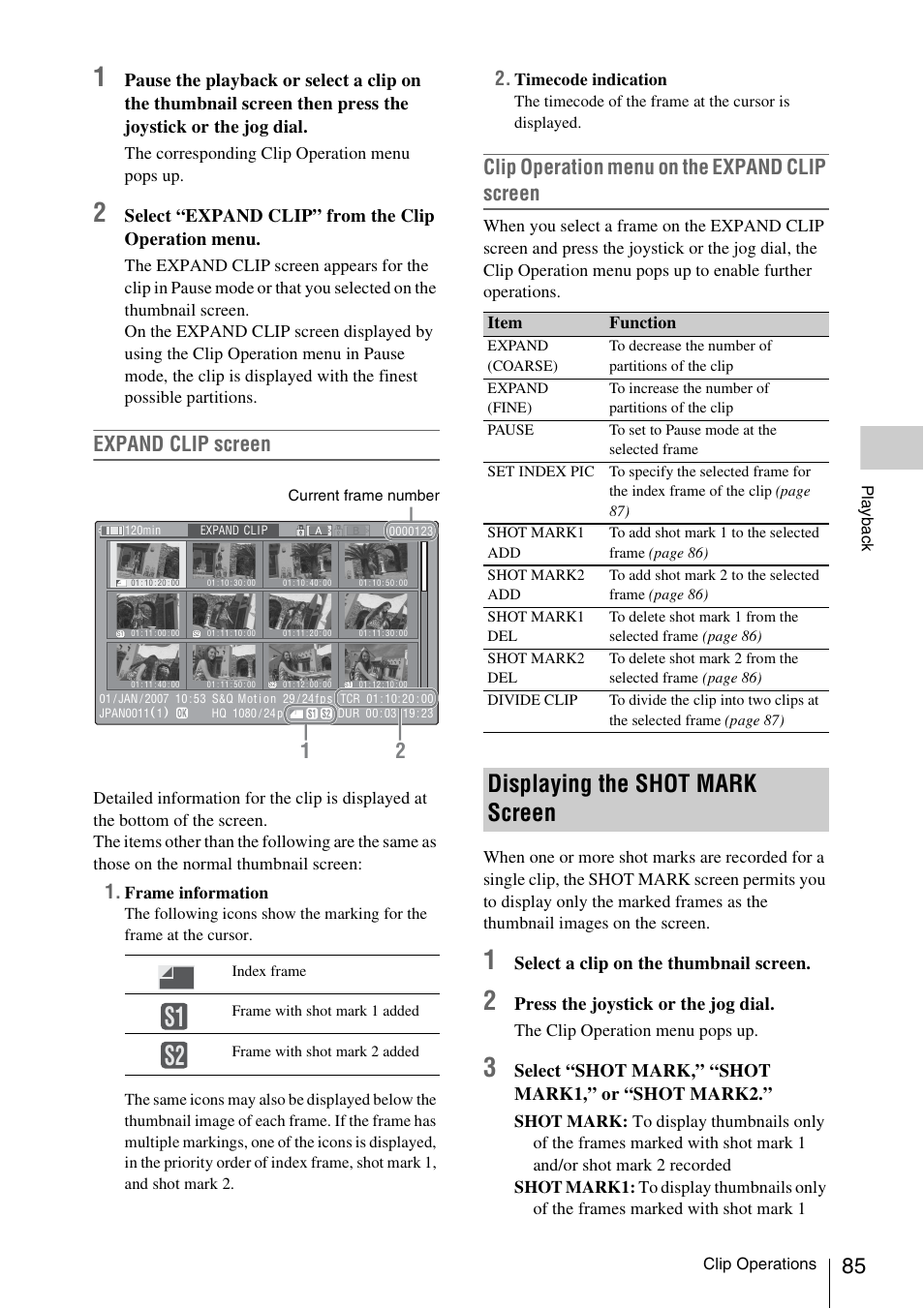 Displaying the shot mark screen, S1 s2, Expand clip screen | Clip operation menu on the expand clip screen | Sony XDCAM EX PMW-EX1 User Manual | Page 85 / 132