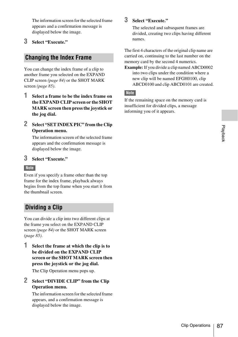 Changing the index frame, Dividing a clip, Changing the index frame dividing a clip | Sony XDCAM EX PMW-EX1 User Manual | Page 87 / 132