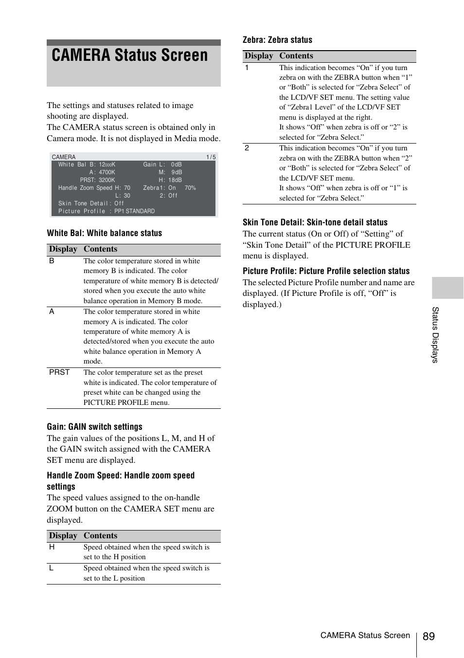 Camera status screen | Sony XDCAM EX PMW-EX1 User Manual | Page 89 / 132