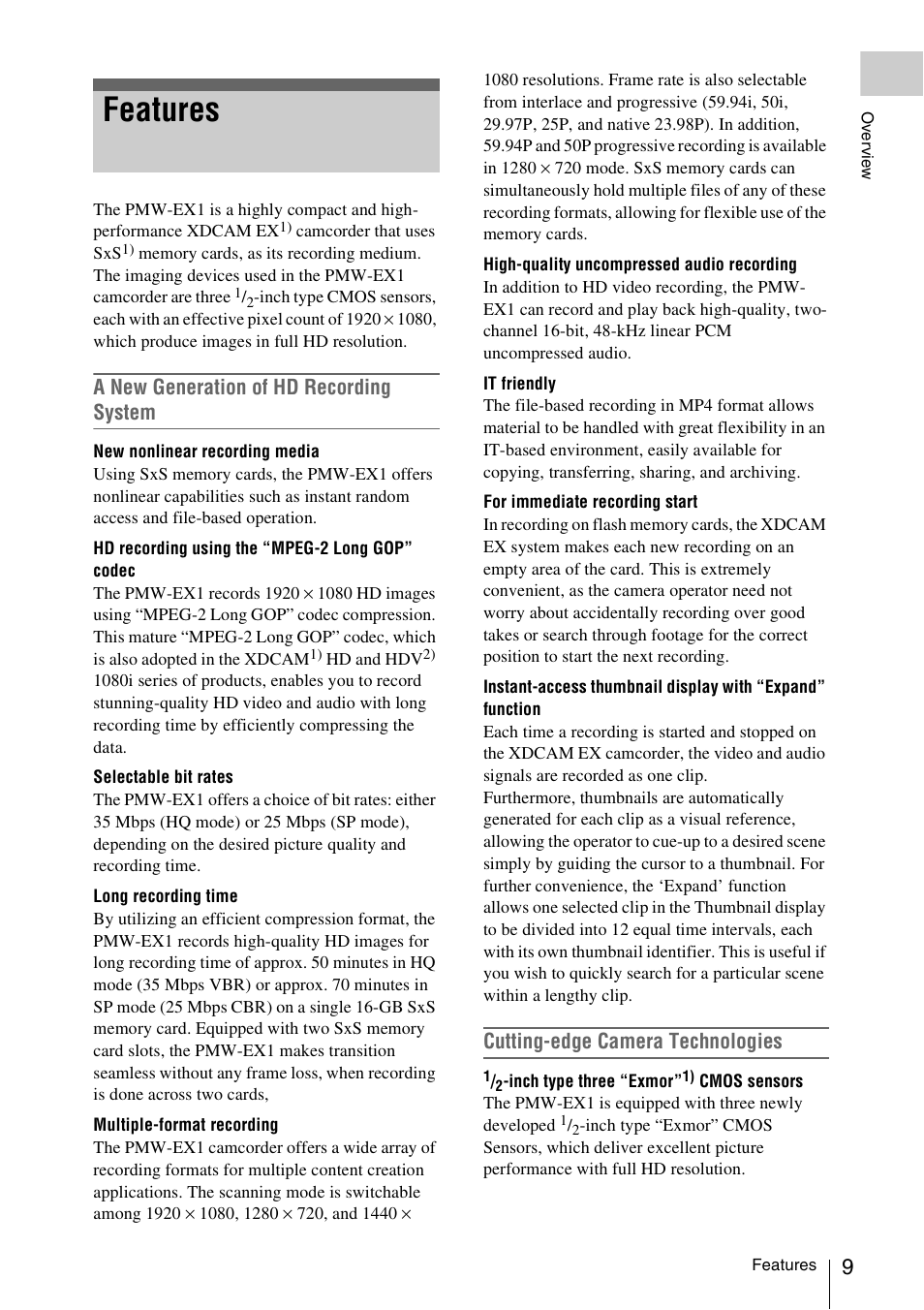 Features, A new generation of hd recording system, Cutting-edge camera technologies | Sony XDCAM EX PMW-EX1 User Manual | Page 9 / 132