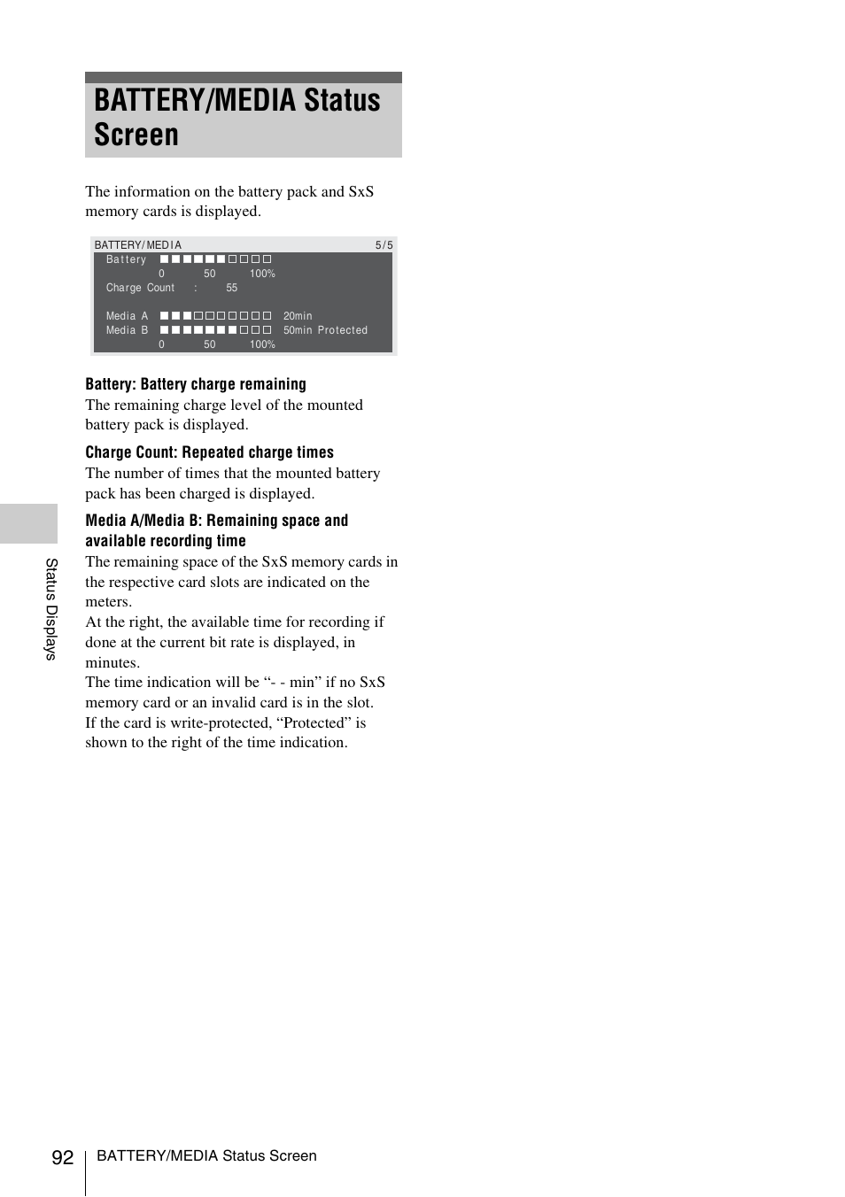 Battery/media status screen | Sony XDCAM EX PMW-EX1 User Manual | Page 92 / 132