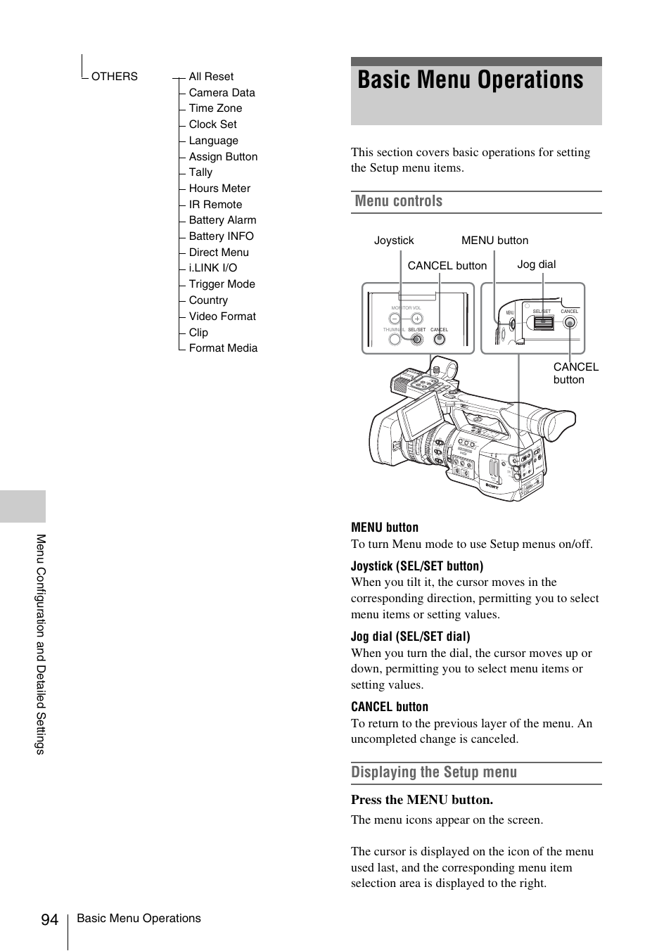 Basic menu operations, Menu controls, Displaying the setup menu | Press the menu button | Sony XDCAM EX PMW-EX1 User Manual | Page 94 / 132