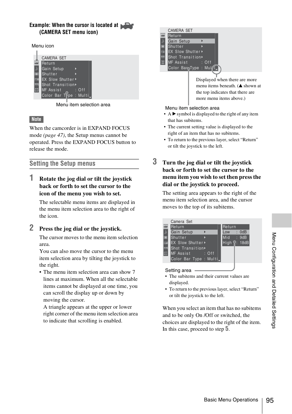 Setting the setup menus, Press the jog dial or the joystick | Sony XDCAM EX PMW-EX1 User Manual | Page 95 / 132