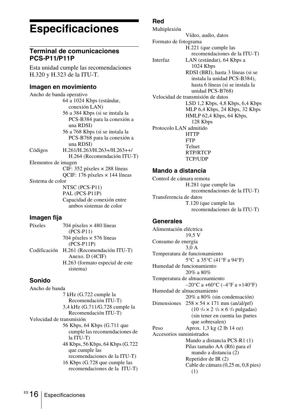 Especificaciones, Terminal de comunicaciones pcs-p11/p11p | Sony PCS-11 User Manual | Page 100 / 156