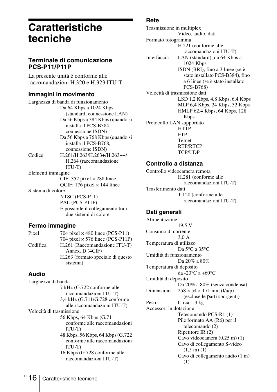 Caratteristiche tecniche, Terminale di comunicazione pcs-p11/p11p | Sony PCS-11 User Manual | Page 118 / 156