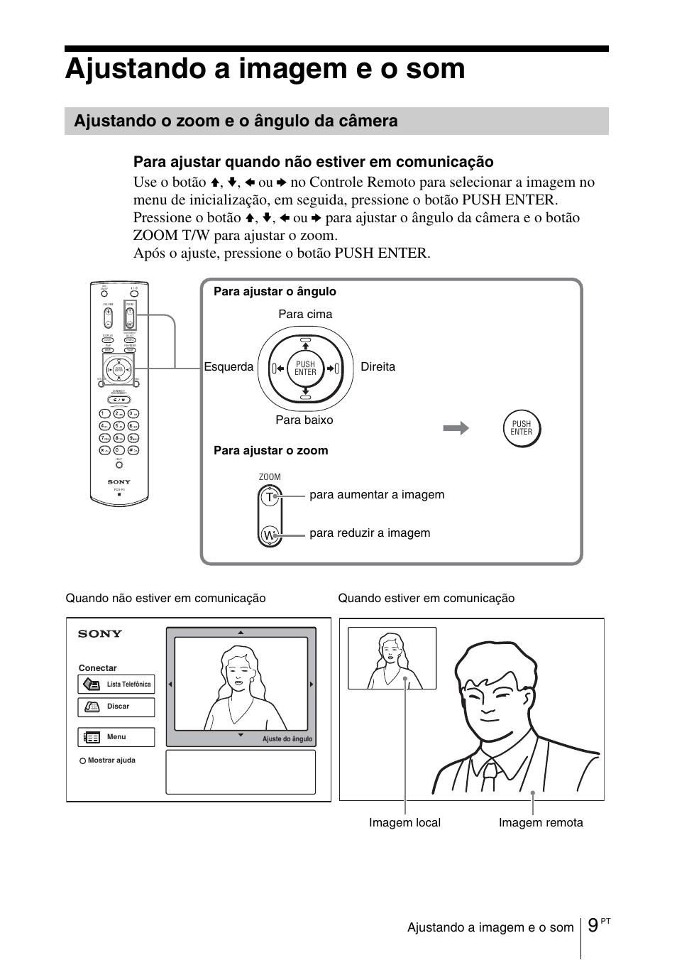 Ajustando a imagem e o som, Ajustando o zoom e o ângulo da câmera, Ajustando o zoom e o ângulo da | Câmera | Sony PCS-11 User Manual | Page 145 / 156