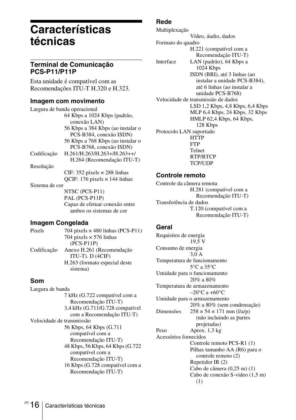 Características técnicas, Terminal de comunicação pcs-p11/p11p | Sony PCS-11 User Manual | Page 152 / 156