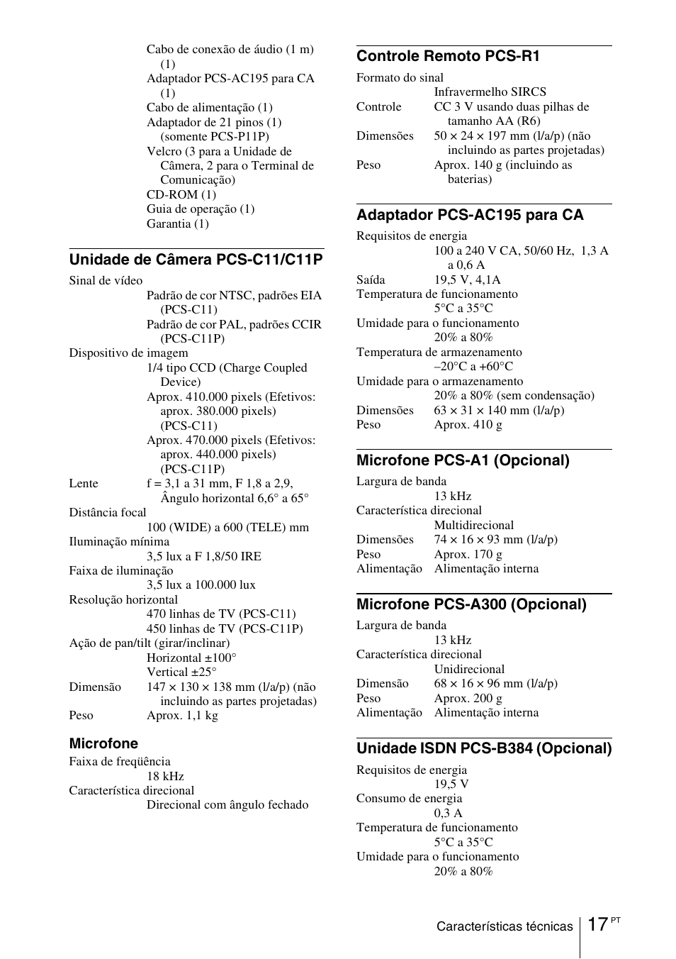 Unidade de câmera pcs-c11/c11p, Controle remoto pcs-r1, Adaptador pcs-ac195 para ca | Microfone pcs-a1 (opcional), Microfone pcs-a300 (opcional), Unidade isdn pcs-b384 (opcional) | Sony PCS-11 User Manual | Page 153 / 156