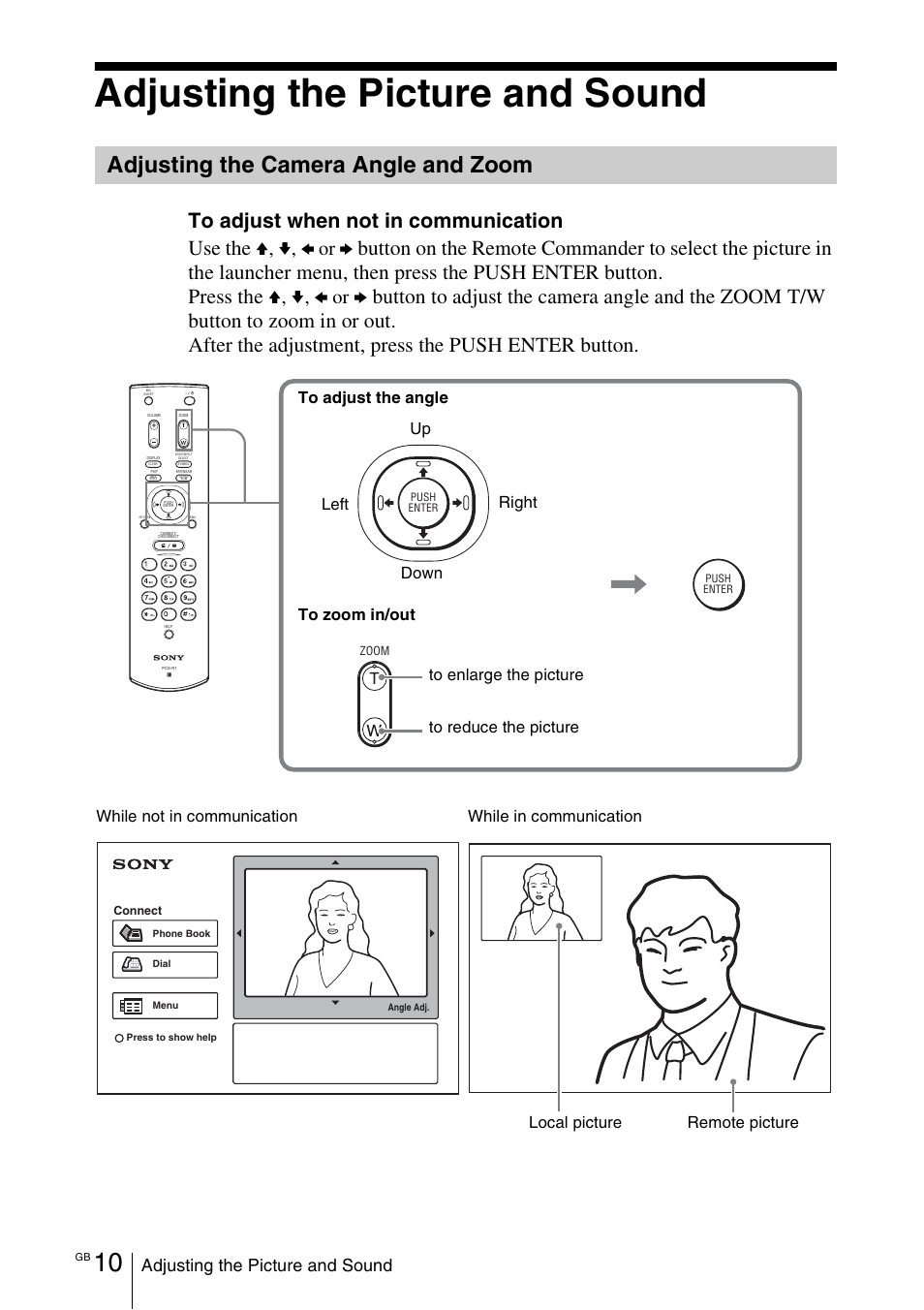 Adjusting the picture and sound, Adjusting the camera angle and zoom, Adjusting the camera angle and | Zoom, V, v, b or b | Sony PCS-11 User Manual | Page 32 / 156