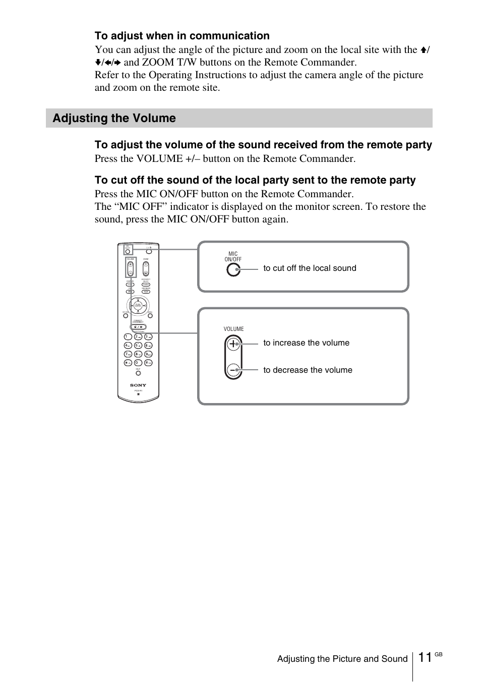 Adjusting the volume, V/ v/b/b, Adjusting the picture and sound | Sony PCS-11 User Manual | Page 33 / 156