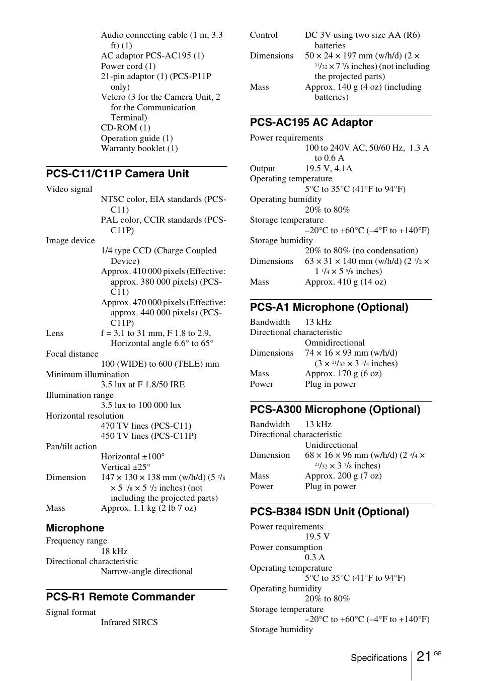 Pcs-c11/c11p camera unit, Pcs-r1 remote commander, Pcs-ac195 ac adaptor | Pcs-a1 microphone (optional), Pcs-a300 microphone (optional), Pcs-b384 isdn unit (optional), Microphone | Sony PCS-11 User Manual | Page 43 / 156
