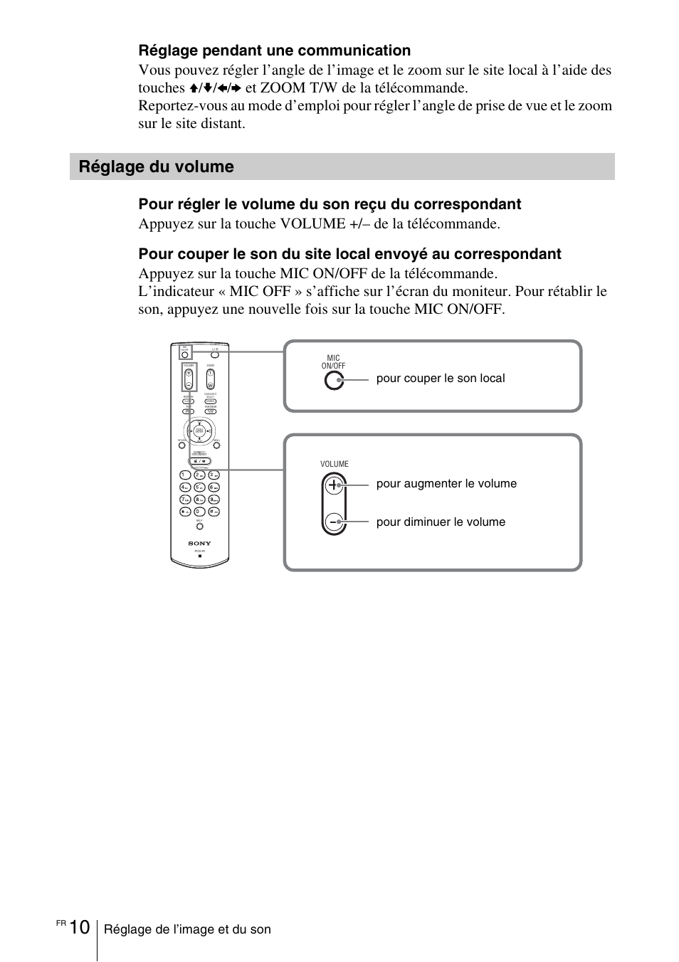 Réglage du volume, Réglage de l’image et du son | Sony PCS-11 User Manual | Page 54 / 156