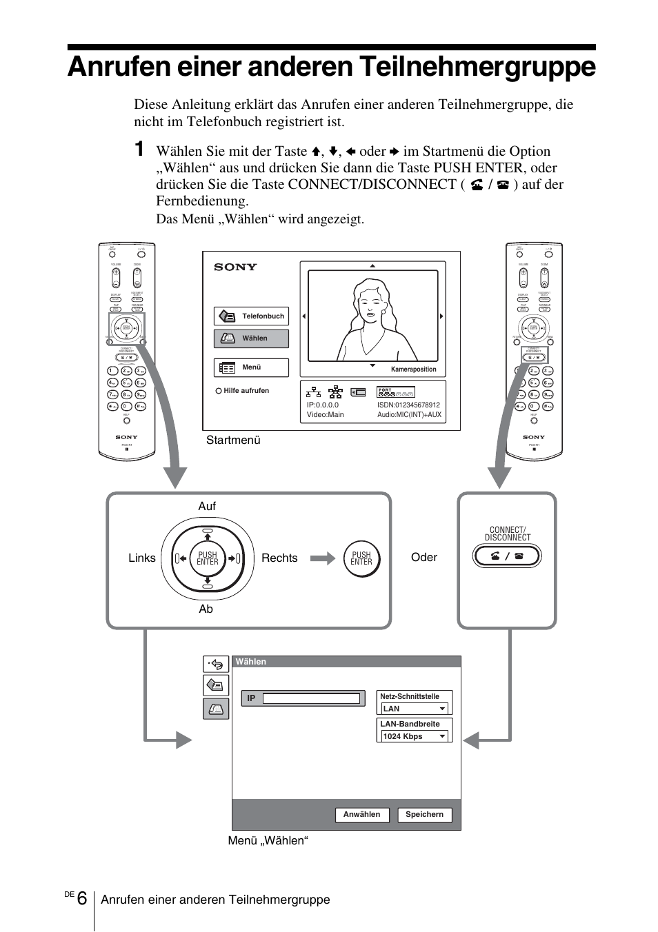 Anrufen einer anderen teilnehmergruppe, Das menü „wählen“ wird angezeigt, Startmenü menü „wählen“ oder auf ab links rechts | Sony PCS-11 User Manual | Page 72 / 156
