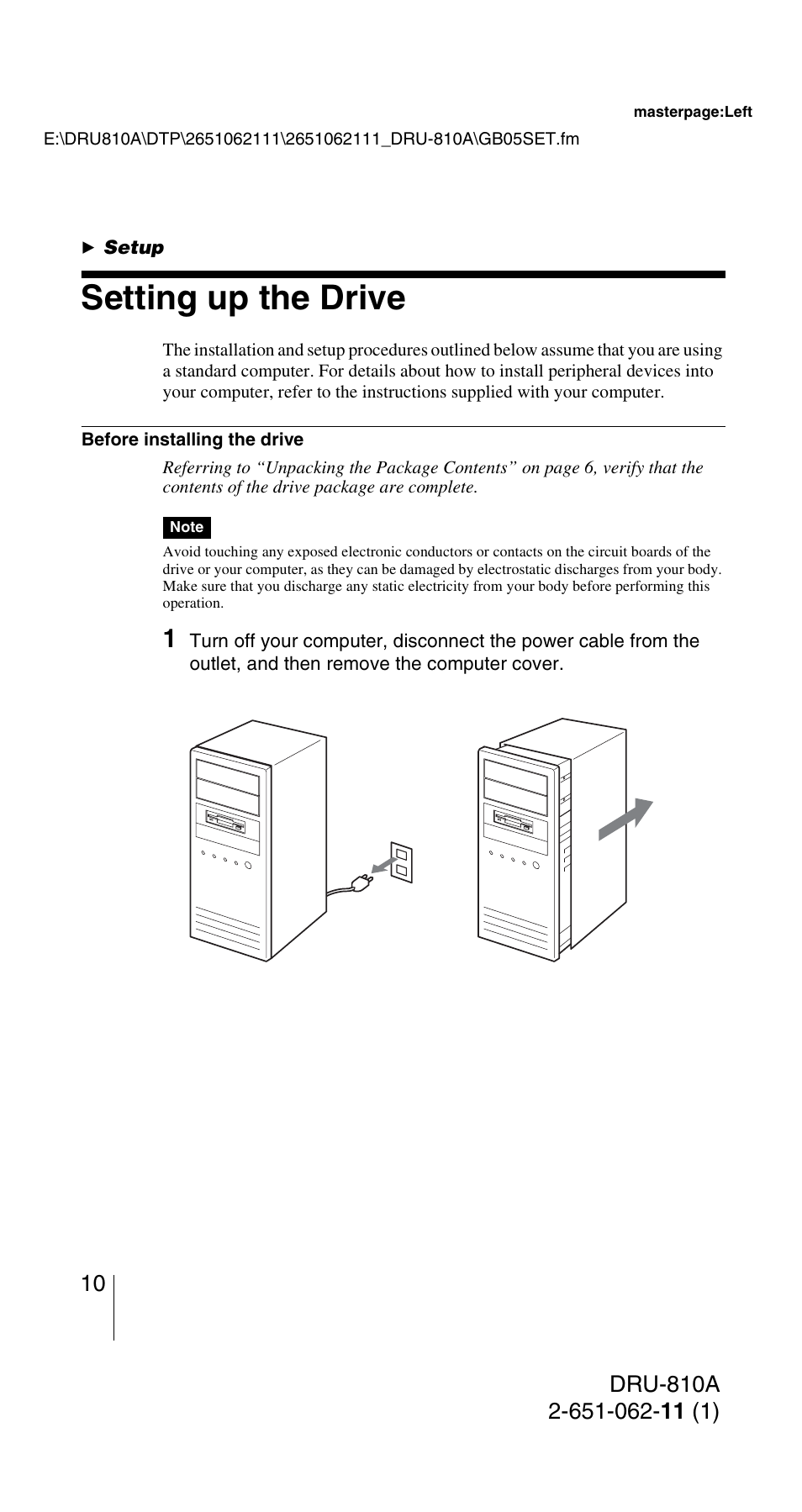 Setup, Setting up the drive | Sony DRU-810A User Manual | Page 10 / 36